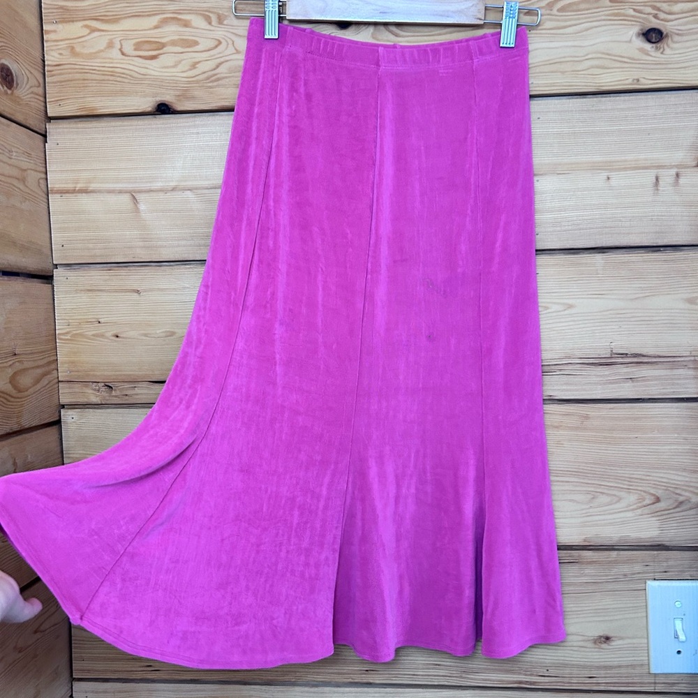 Vintage Kim & Co 609 Tulip Pink Fuchsia‎ Midi Twirl Skirt Slinky Sz Medium Retro